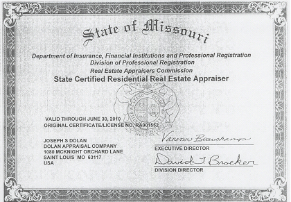 Joe Dolan - Residential Real Estate Appraiser License